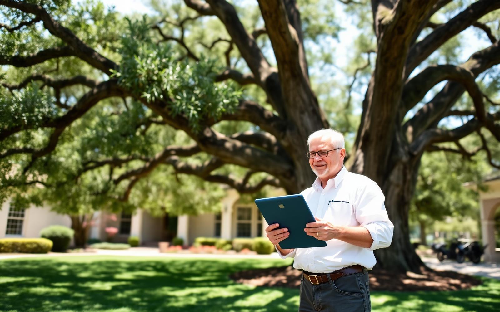 Certified arborist conducting a tree health checkup with a Fort Worth homeowner.
